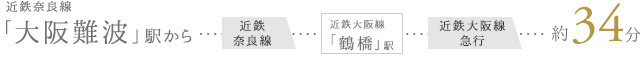 近鉄奈良線「大阪難波」駅から 近鉄奈良線 近鉄大阪線「鶴橋」駅 近鉄大阪線急行 約34分